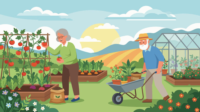 A heartwarming illustration of an elderly couple tending to their lush vegetable garden, surrounded by colorful plants and a scenic backdrop of fields and hills under a sunny sky.