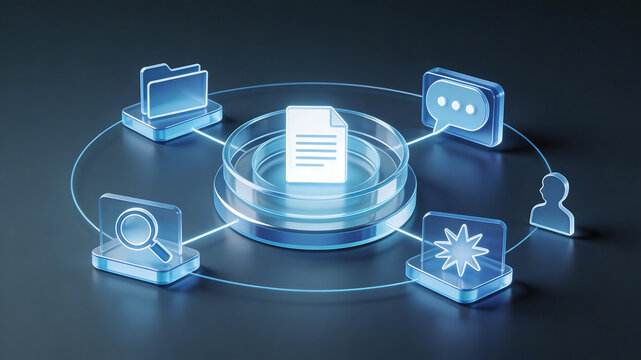 3d isometric knowledge management illustration with central document hub search communication folders user access and insight sharing across a connected digital workspace