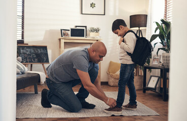 Father, boy and tie lace in home with morning routine, sneakers or getting ready for school day...