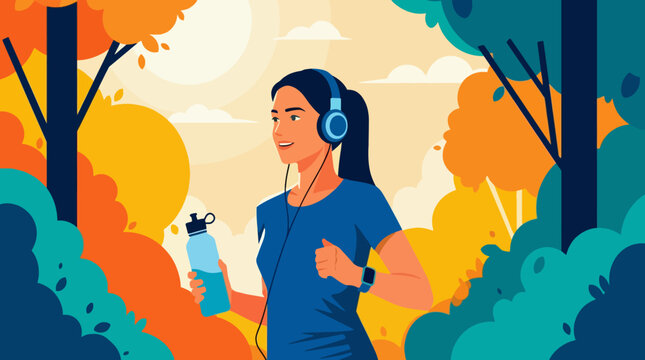 A vibrant illustration of a woman jogging in a colorful natural setting emphasizes health, fitness, and well-being, highlighting the importance of physical activity in beautiful surroundings.