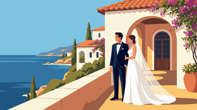 A romantic couple in formal wedding attire stands on a terrace overlooking a stunning seaside view, capturing love and celebration in a serene, picturesque environment.