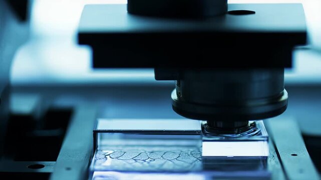 Microscope focusing on a glass slide, analyzing a biological sample containing intricate cellular structures, highlighting scientific research and laboratory processes
