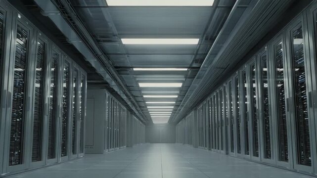 Server racks creating an aisle in a modern data center, providing critical infrastructure for cloud computing, networking, and digital information storage within a secure environment