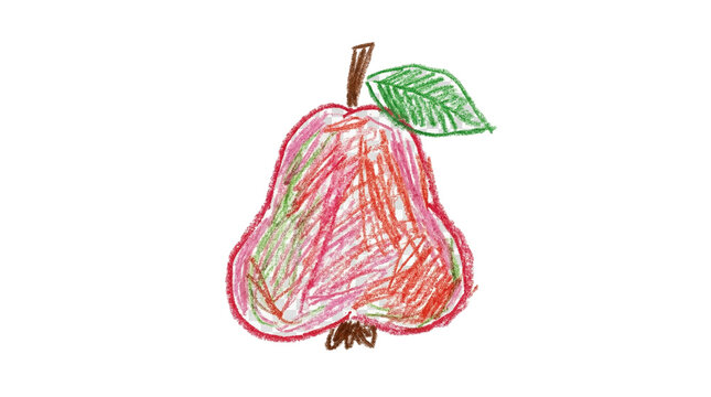 Cute crayon scribble of water apple jambu air drawn by a young child. Messy hand-drawn 2D illustration in pink and red tones. Perfect for tropical food, kids content, and Indonesian fruit design.