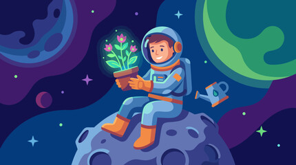 Naklejka premium An astronaut in a space suit gently holds a flowering plant in a pot, seated on a moon surface, showcasing the connection between nature and exploration in a whimsical setting.