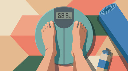 A person stands on a sleek, modern scale displaying their weight, with a vibrant abstract background that symbolizes fitness and self-awareness, ideal for health-related themes. © Zeming