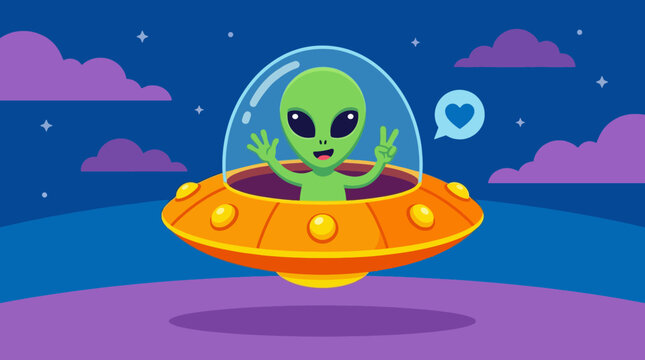 An adorable green cartoon alien is happily waving from a vibrant orange spaceship. The cheerful scene is set against a playful blue background with whimsical clouds.
