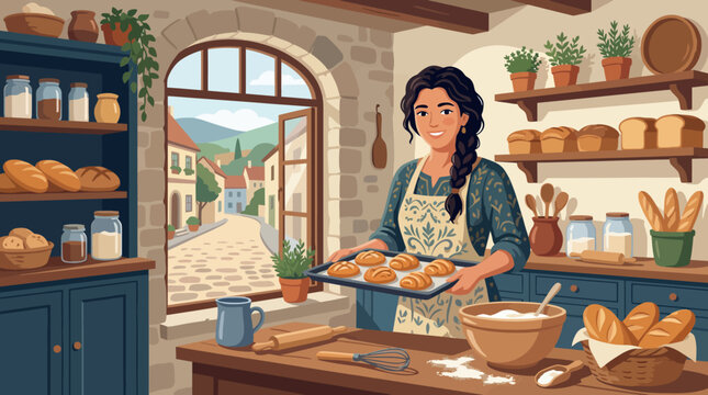 A smiling baker holds a tray filled with freshly baked rolls, surrounded by a rustic kitchen with shelves stacked with various breads, radiating warmth and homey charm.