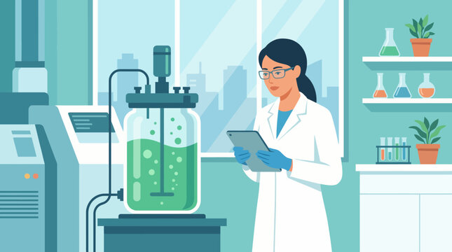 A focused scientist in a lab coat examines green liquid in a fermenter while holding a tablet, representing scientific exploration and innovative research in a vibrant laboratory environment.