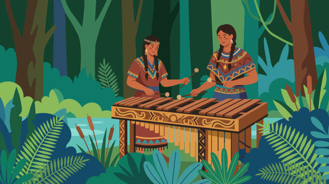 Two women in traditional attire play a marimba in a lush forest setting, showcasing cultural harmony and the beauty of music intertwined with nature.