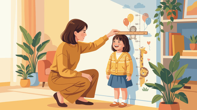 A heartwarming scene depicting a mother measuring her child's height on a growth chart, symbolizing the cherished moments of childhood development and love.