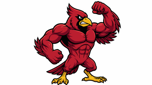 A strong, cartoonish red cardinal mascot is flexing its muscles, representing strength, pride, and enthusiasm, perfect for sports and school spirit imagery.