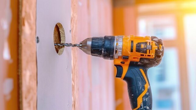 Close-Up of a Power Drill Creating a Hole in Drywall with a Bright Construction Background for Home Improvement and Renovation Projects