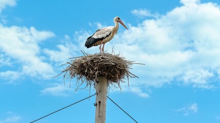 Fototapeta premium A Stork Standing Proudly on Its Nest Against a Bright Blue Sky Surrounded by Clouds in a Serene Natural Environment, Symbolizing Nature and Wildlife Conservation