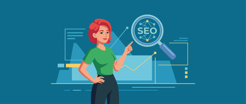 An engaging illustration of a woman explaining SEO concepts, highlighting data analytics with graphs, charts, and a focus on the importance of digital marketing strategies.
