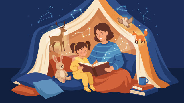 A heartwarming illustration of a mother reading a book to her child in a cozy indoor fort while whimsical animals and constellations create a magical atmosphere.
