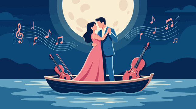 This romantic image captures a couple dancing on a boat under a moonlit sky, surrounded by musical notes, symbolizing love, passion, and connection.
