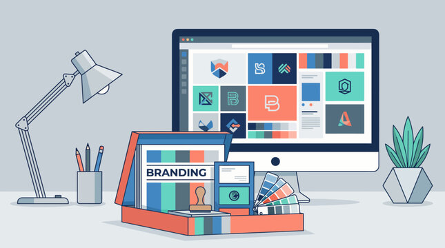A creative workspace showcasing branding strategy materials on a modern desktop, emphasizing the significance of brand identity development in a digital age and artistic collaboration.