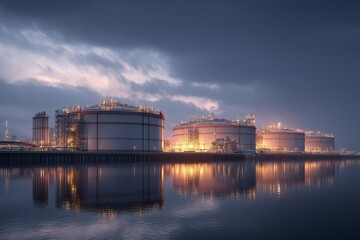 Naklejka premium Industrial storage tanks illuminated at night, reflecting in calm waters under a moody sky, showcasing modern technology.