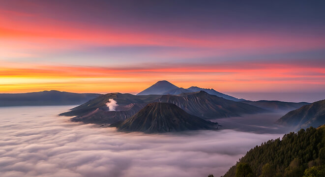 Scenic panoramic view of Mount Bromo and Batok at dawn with clouds