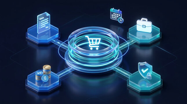 3d isometric procurement workflow illustration with shopping cart supplier document payment security and scheduling across a connected purchasing hub