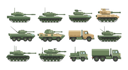 Military Vehicle Vector Set: Armored Tanks, APCs, and Heavy Duty Logistics Trucks Isolated on White Background © Imroatul mutmainah