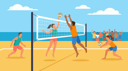 An exciting beach volleyball game captures athletes' energy and teamwork against a lively ocean backdrop, showcasing physical activity and summer fun. © Jiang
