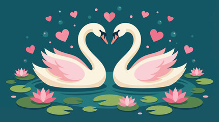 This charming image depicts two swans gracefully curving their necks to form a heart shape, surrounded by serene water lilies and a backdrop of love-themed elements. © Jiang