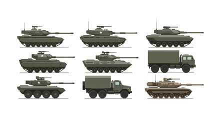 Military Vehicle Collection Set of Tanks Armored Cars and Army Trucks in Flat Vector Illustration © Imroatul mutmainah