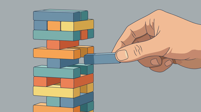 A hand skillfully removes a block from a colorful Jenga tower, representing strategy, challenge, and precision. This image encapsulates fun and competitive spirit in games.