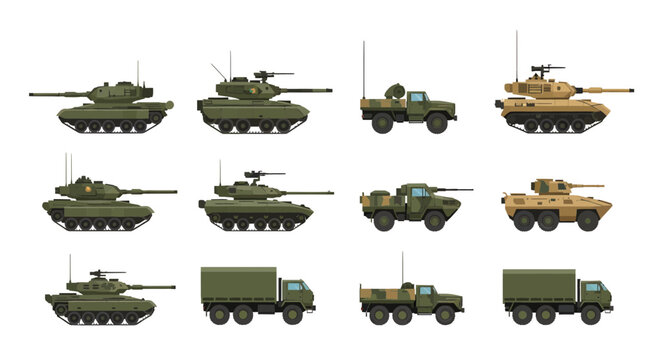 Military Armored Vehicle Set: Modern Battle Tanks, Infantry Fighting Vehicles, and Logistics Trucks in Flat Vector Style