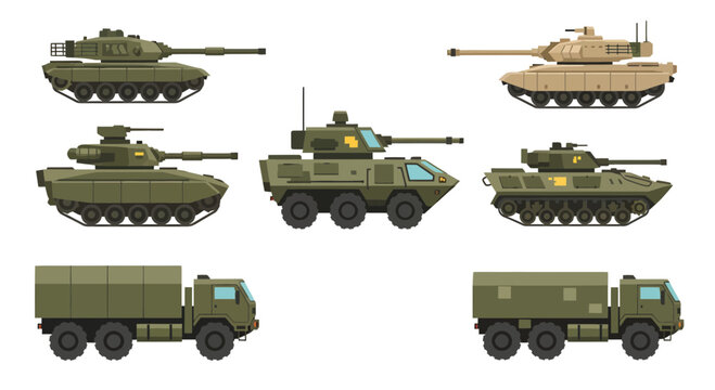 Military Vehicles Vector Set: Tanks, Armored Personnel Carriers, and Army Trucks Illustration