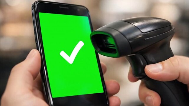 Smartphone screen with qr code being scanned by red laser scanner. mobile payment, qr code, digital transaction, retail technology.