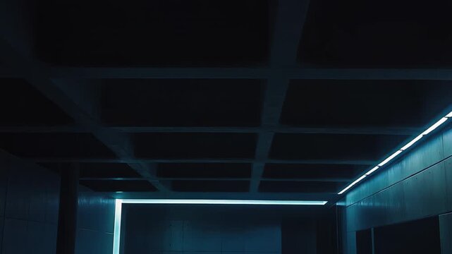 Empty concrete hall featuring minimalist design and dynamic blue neon lighting, creating a futuristic atmosphere in a dark, wide, and modern industrial space with a grid ceiling and polished floor