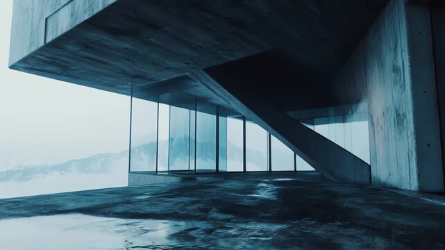 Brutalist concrete and glass structure framing a distant mountain range, reflecting in calm water and evoking modern minimalism, cold solitude, and serene isolation