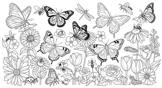 Intricate Garden Scene with Butterflies and Flowers for Coloring Book