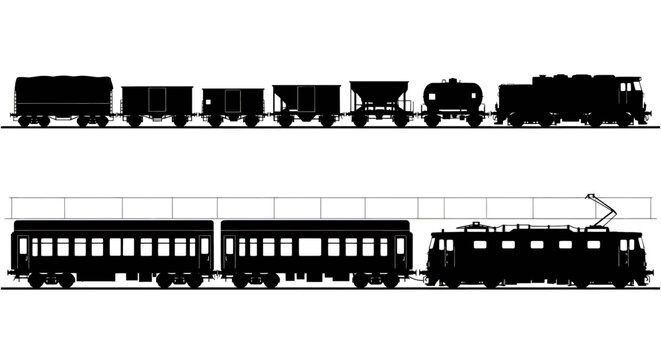 A collection of black silhouettes featuring various types of freight and passenger railway trains