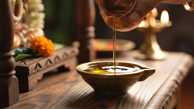 Devotee's hand pouring sacred lamp oil into a traditional brass diya at an ornate home altar, signifying ritual offerings for parashurama jayanti celebration.