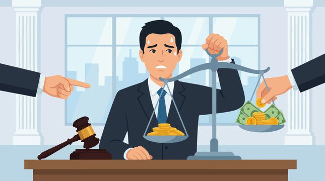 A concerned man sits before scales, balancing coins and cash, symbolizing the moral dilemmas faced in legal and financial contexts, surrounded by legal items like a gavel.