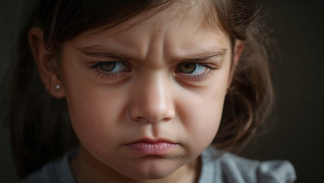 Five year old girl with a suspicious stubborn gaze looking sideways with a grumpy authentic expression and a determined glint generative AI