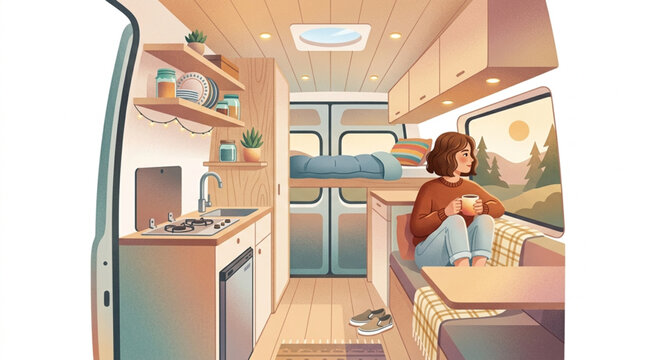 Cozy Interior of Camper Van with Workspace and Nature View
