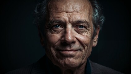 Fototapeta premium Sixty year old man with a dry ironic half smile rolling eyes upwards conveying an expression of witty skepticism and generative AI