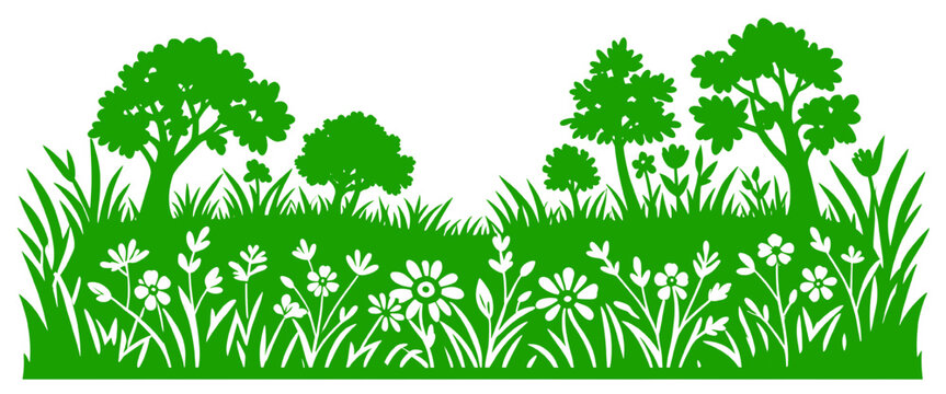 green meadow border with trees grass and wildflowers spring easter summer nature landscape silhouette fresh garden floral design isolated on white background