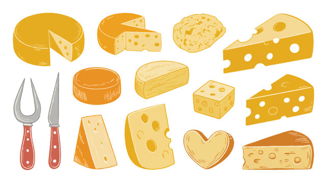 A collection of various cheese types and shapes with utensils.