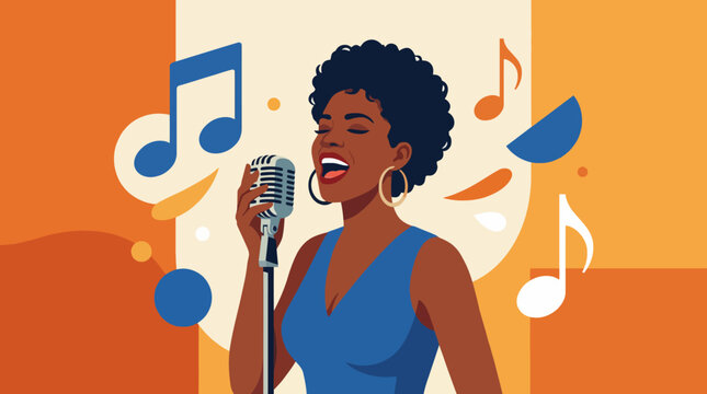 A vibrant illustration of a singer passionately performing into a microphone with musical notes surrounding her, embodying the joy and energy of music and artistic expression.
