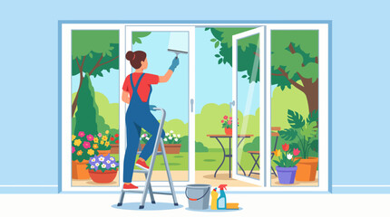 A cheerful woman cleaning large windows, revealing a lush garden view, embodying the spirit of household care, refreshment, and an uplifting atmosphere. © Yibin