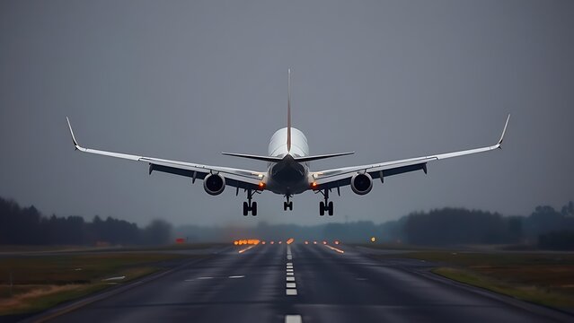 takeoff. Airplane during takeoff viewed from behind, wings angled slightly. mobility guides, transit brochures, designed for mobility and urban transit guides and transport & logistics marketing.