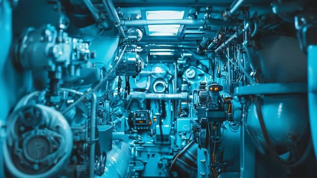 Submarine engine room features an intricate network of blue toned industrial machinery, complex piping, and high tech equipment creating a sense of advanced engineering and confined space