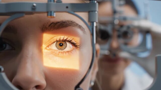 Close up of a young woman's eye undergoing an eye examination. An ophthalmologist uses a refractor machine to test her vision in a clinical setting.