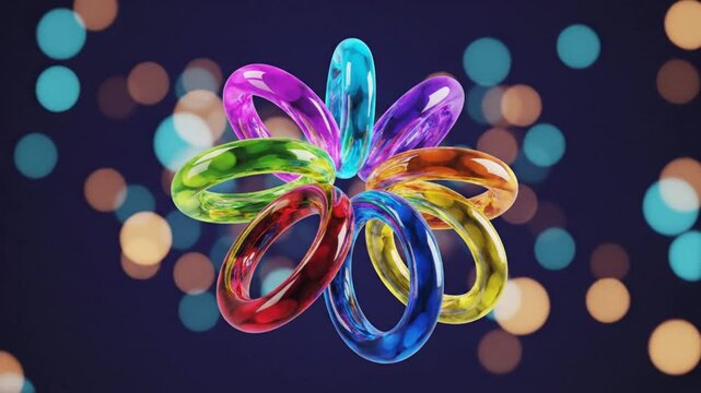 Abstract colorful rings arranged in a flower shape against a background of bokeh lights